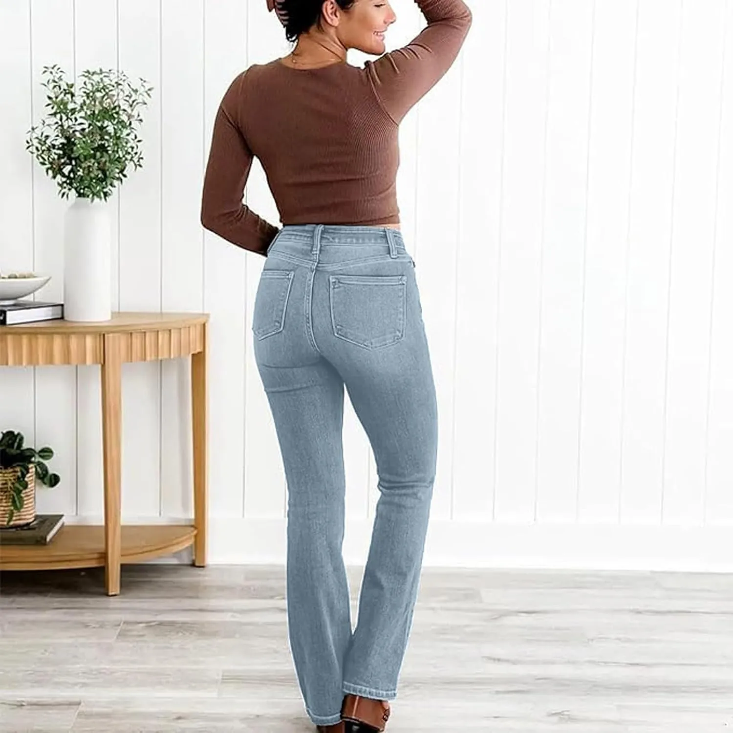 Women's High Waisted Bell Bottom Bootcut Jeans Flared Wide Leg Denim Pants with Pockets