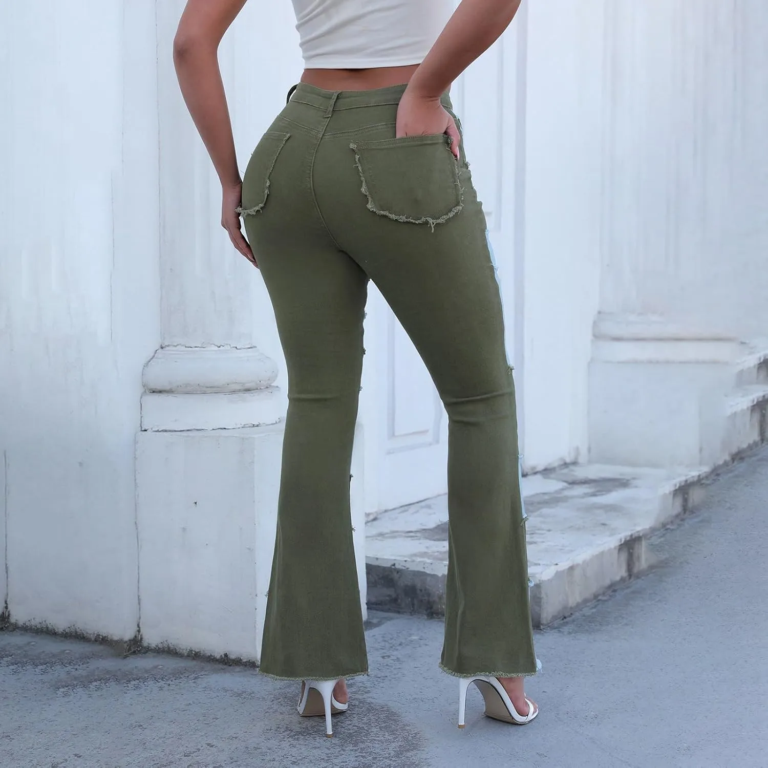 Womens High Waisted Bell Bottom Jeans Denim High Rise Flare Jean Pants Ripped Skinny Stretch Wide Leg Jeans