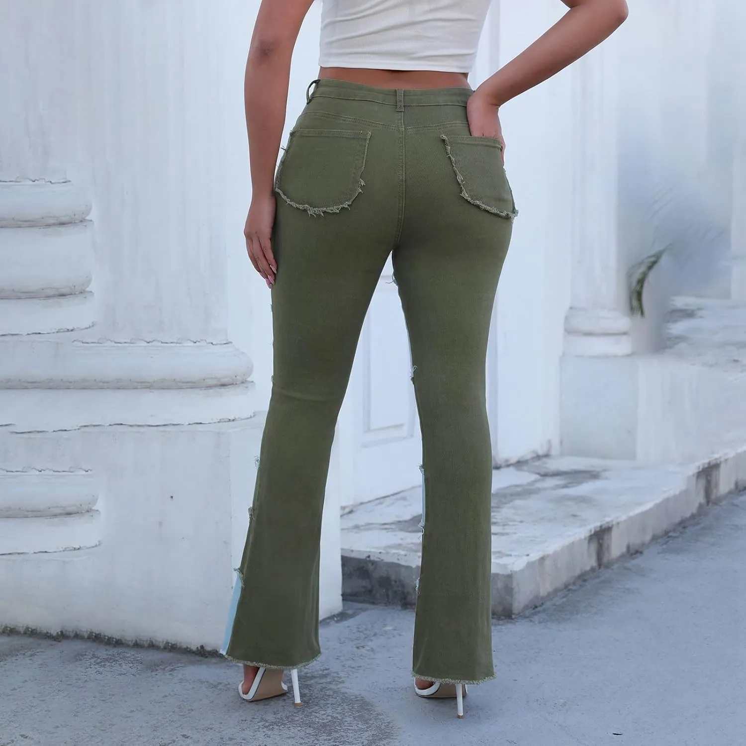 Womens High Waisted Bell Bottom Jeans Denim High Rise Flare Jean Pants Ripped Skinny Stretch Wide Leg Jeans