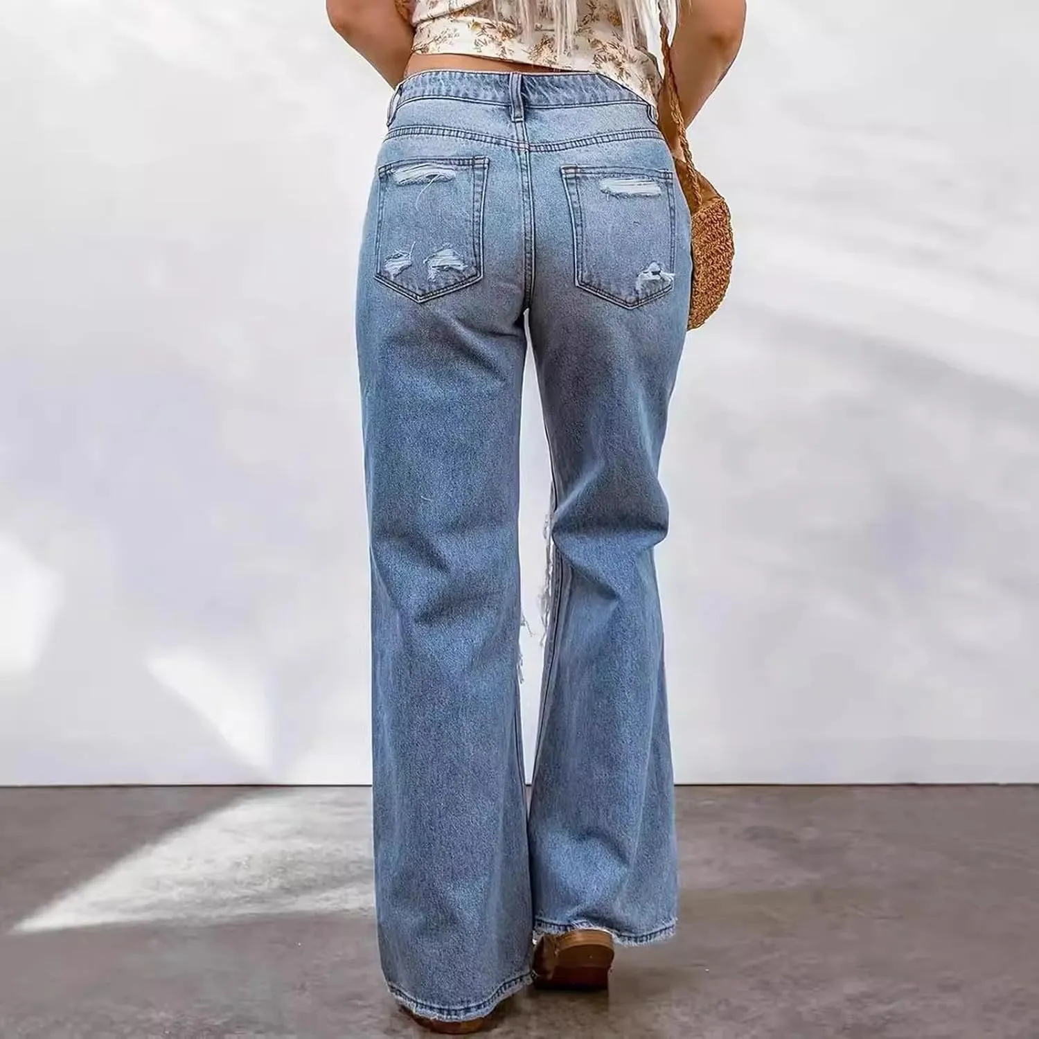 Women's High Waisted Straight Leg Jeans Pants Trendy with Pockets Skinny Stretch Ripped Jeans Destroyed Denim Pants