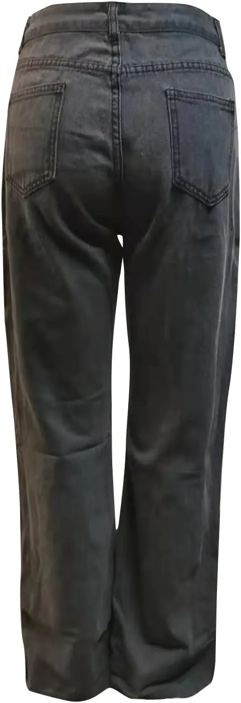 Women's High Waisted Straight Leg Jeans Pants Trendy with Pockets Skinny Stretch Ripped Jeans Destroyed Denim Pants