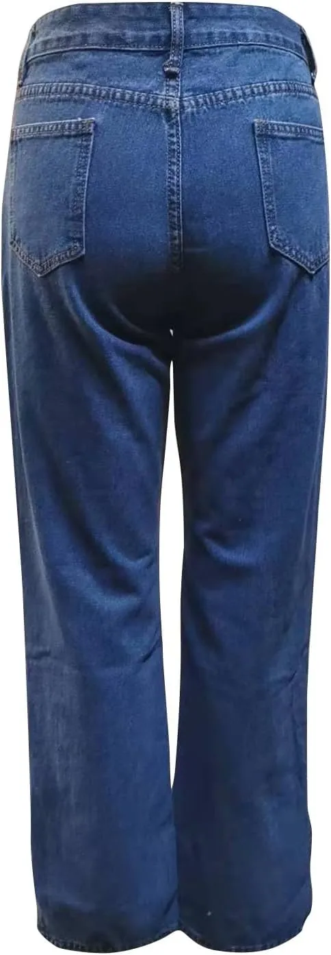 Women's High Waisted Straight Leg Jeans Pants Trendy with Pockets Skinny Stretch Ripped Jeans Destroyed Denim Pants