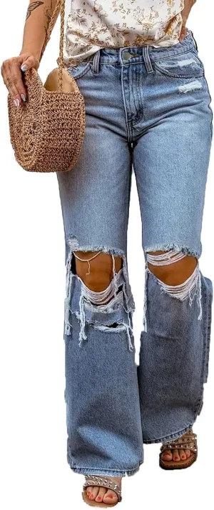 Women's High Waisted Straight Leg Jeans Pants Trendy with Pockets Skinny Stretch Ripped Jeans Destroyed Denim Pants