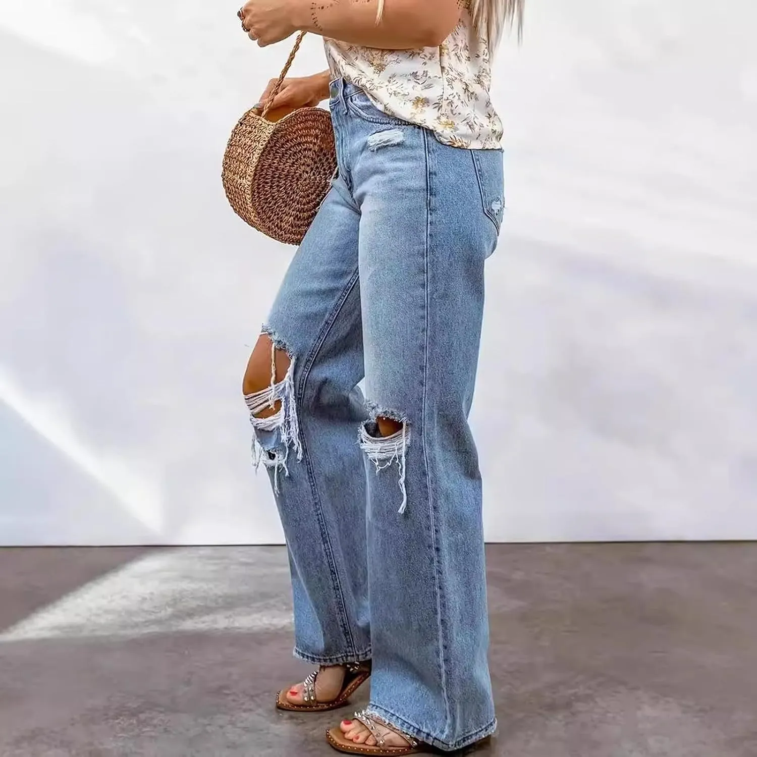 Women's High Waisted Straight Leg Jeans Pants Trendy with Pockets Skinny Stretch Ripped Jeans Destroyed Denim Pants