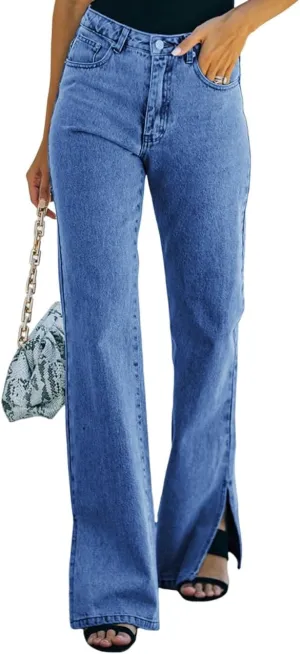 Women's High Waisted Straight Leg Jeans Pants Trendy with Pockets Skinny Stretch Ripped Jeans Destroyed Denim Pants