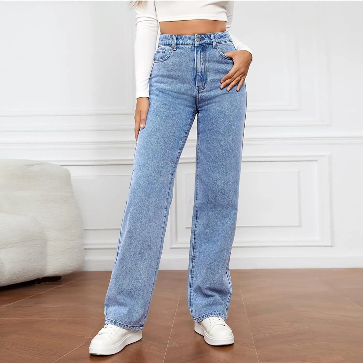Women's High Waisted Straight Leg Jeans Pants Trendy with Pockets Skinny Stretch Ripped Jeans Destroyed Denim Pants
