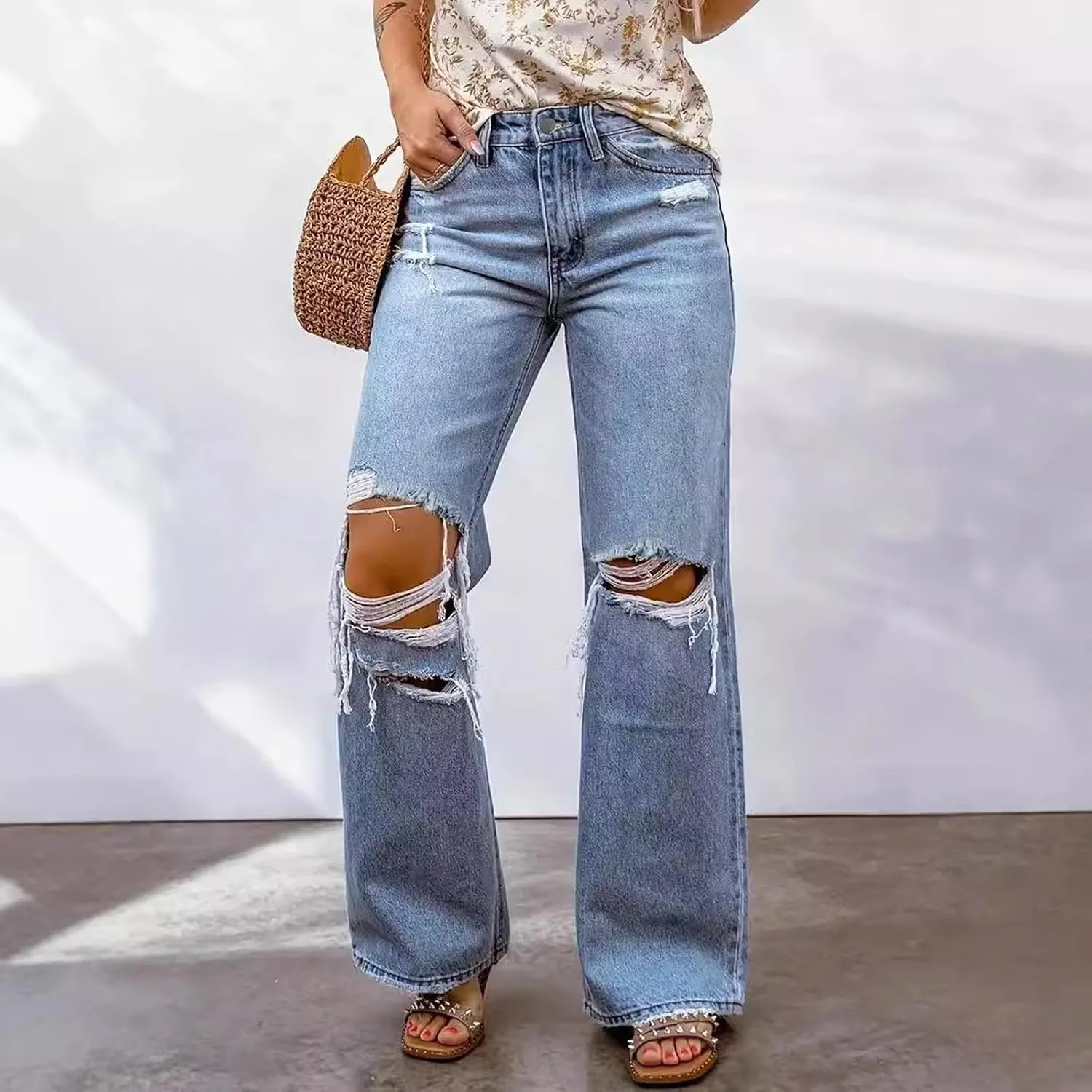 Women's High Waisted Straight Leg Jeans Pants Trendy with Pockets Skinny Stretch Ripped Jeans Destroyed Denim Pants