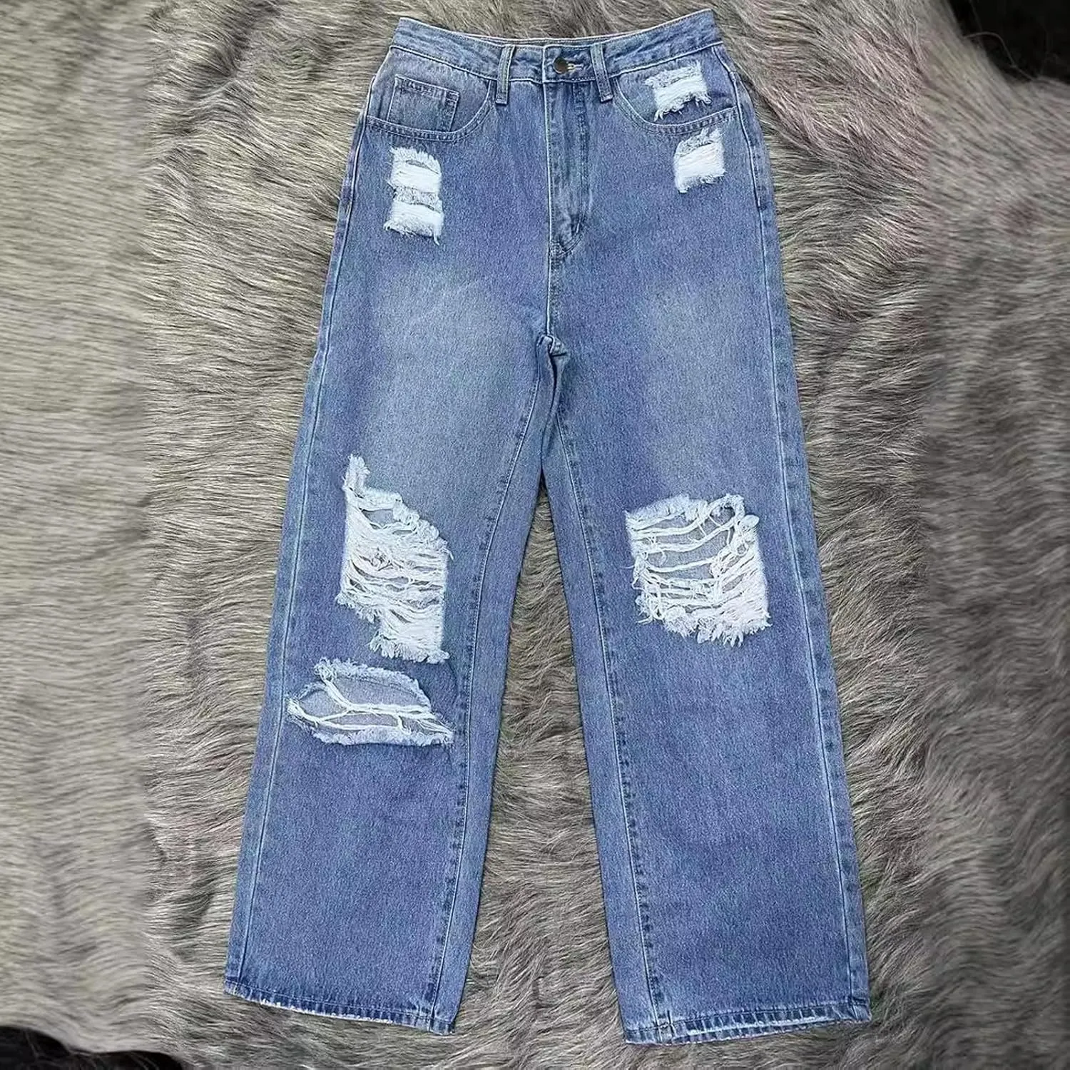Women's High Waisted Straight Leg Jeans Pants Trendy with Pockets Skinny Stretch Ripped Jeans Destroyed Denim Pants