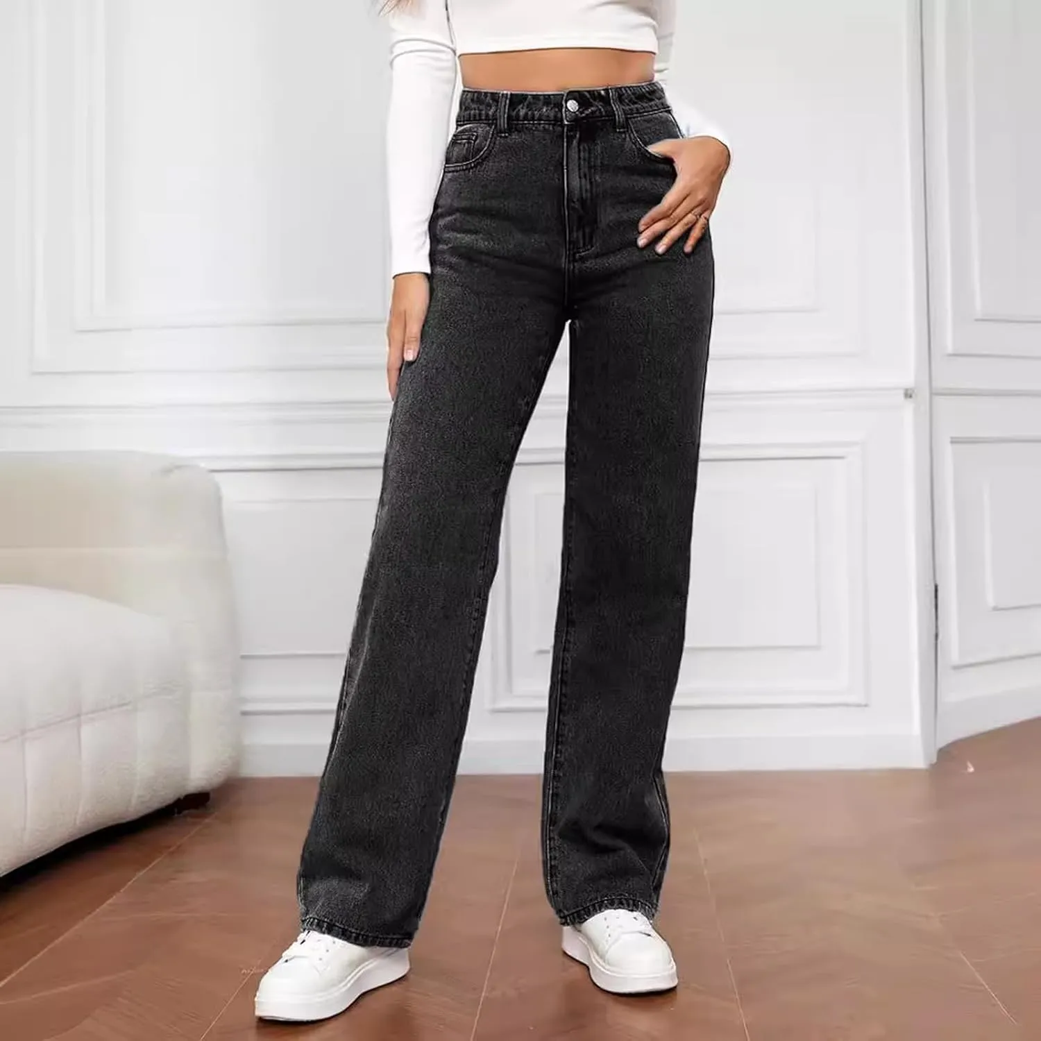 Women's High Waisted Straight Leg Jeans, Stretch Denim, Tummy Control, S-2XL, Multiple Colors