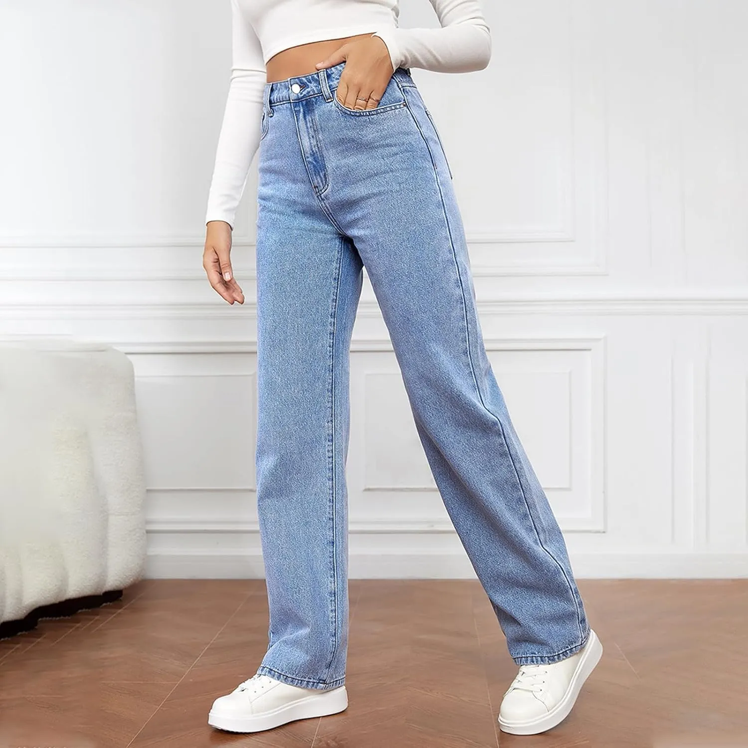 Women's High Waisted Straight Leg Jeans, Stretch Denim, Tummy Control, S-2XL, Multiple Colors