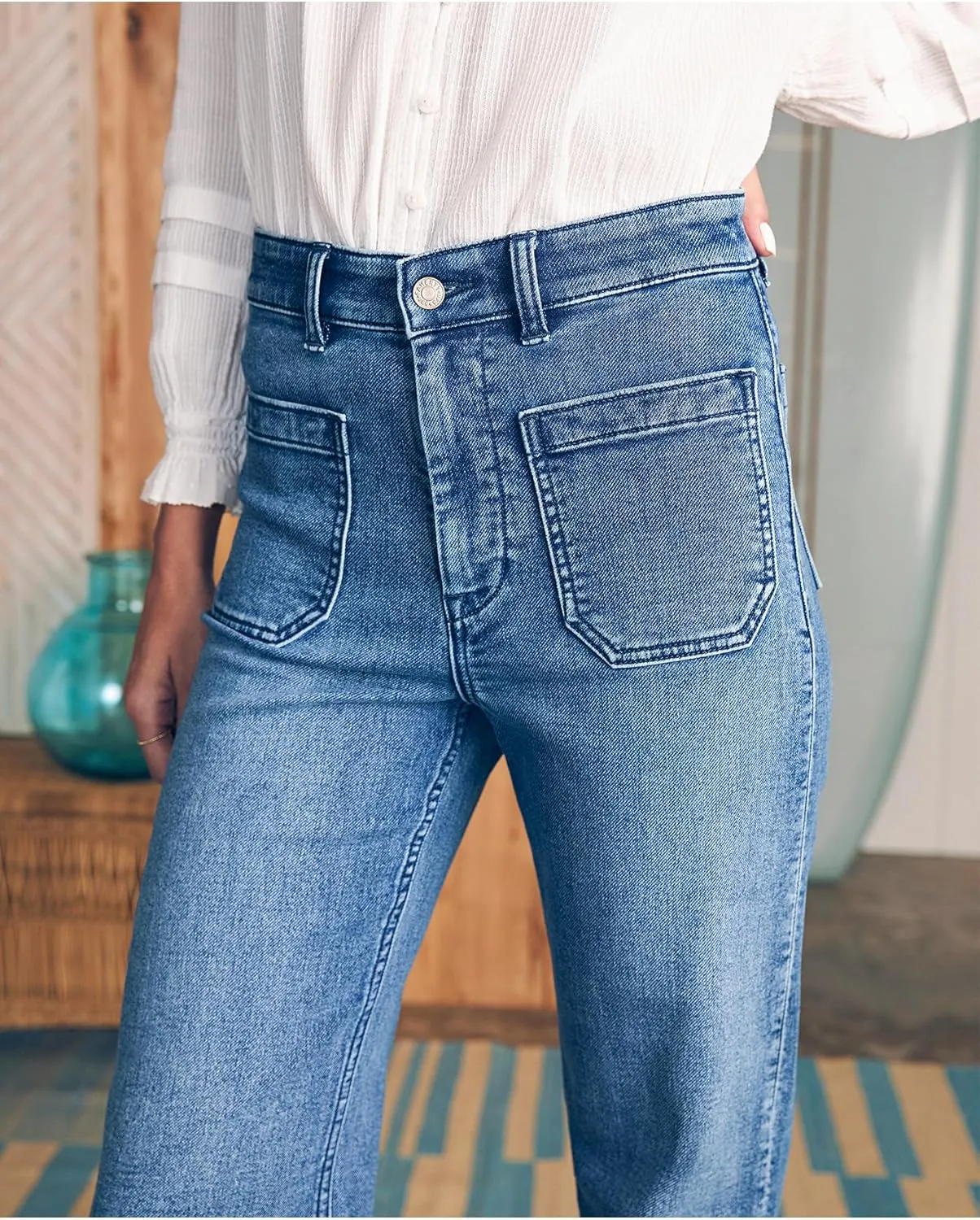 Women's Jeans High Waisted Straight Leg Jeans Stretch Terry Patch Pockets Casul Denim Pants