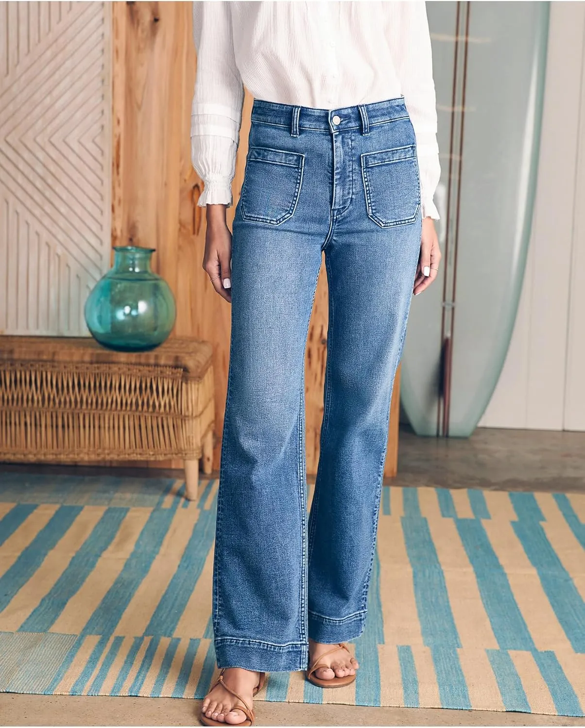 Women's Jeans High Waisted Straight Leg Jeans Stretch Terry Patch Pockets Casul Denim Pants