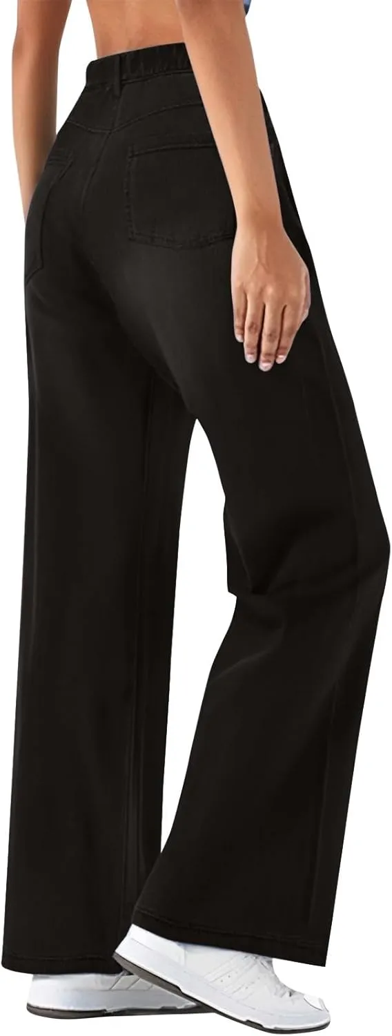 Womens Jeans High Waisted Stretchy Wide Leg Baggy Denim Pants Trousers with Pockets Sweatpant Plus Size