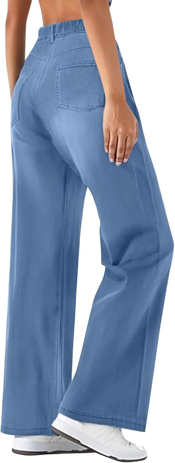 Womens Jeans High Waisted Stretchy Wide Leg Baggy Denim Pants Trousers with Pockets Sweatpant Plus Size