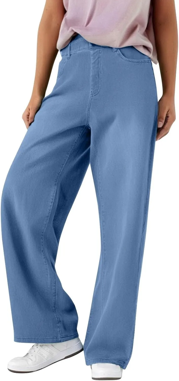 Womens Jeans High Waisted Stretchy Wide Leg Baggy Denim Pants Trousers with Pockets Sweatpant Plus Size