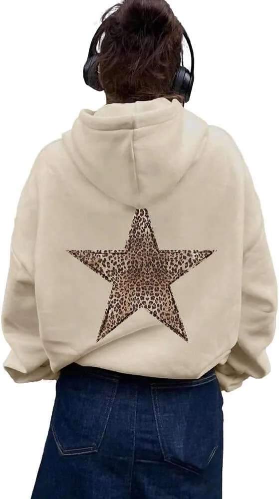 Women's Leopard Star Print Hoodie Sweatshirt Cheetah Leopard Star Hoodie Pullover Tops