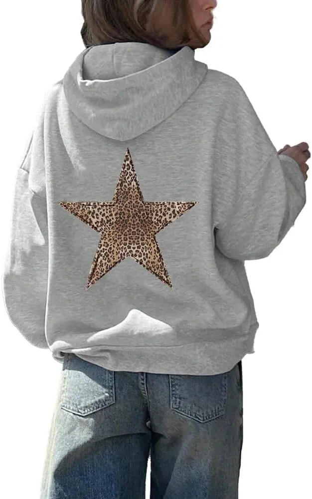 Women's Leopard Star Print Hoodie Sweatshirt Cheetah Leopard Star Hoodie Pullover Tops