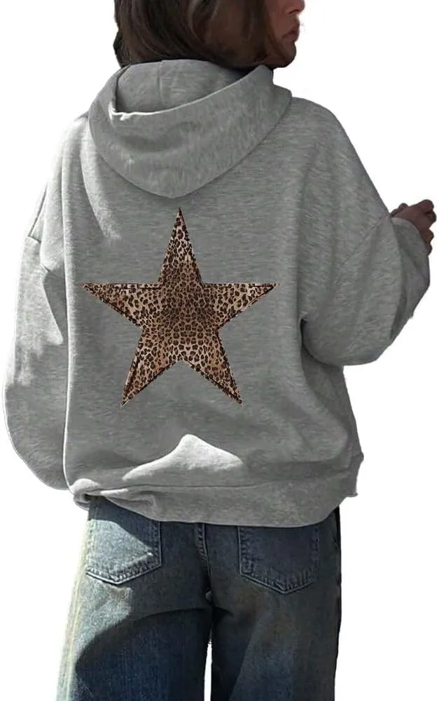 Women's Leopard Star Print Hoodie Sweatshirt Cheetah Leopard Star Hoodie Pullover Tops