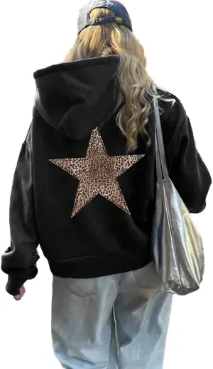 Women's Leopard Star Print Hoodie Sweatshirt Cheetah Leopard Star Hoodie Pullover Tops