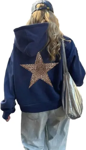 Women's Leopard Star Print Hoodie Sweatshirt Cheetah Leopard Star Hoodie Pullover Tops