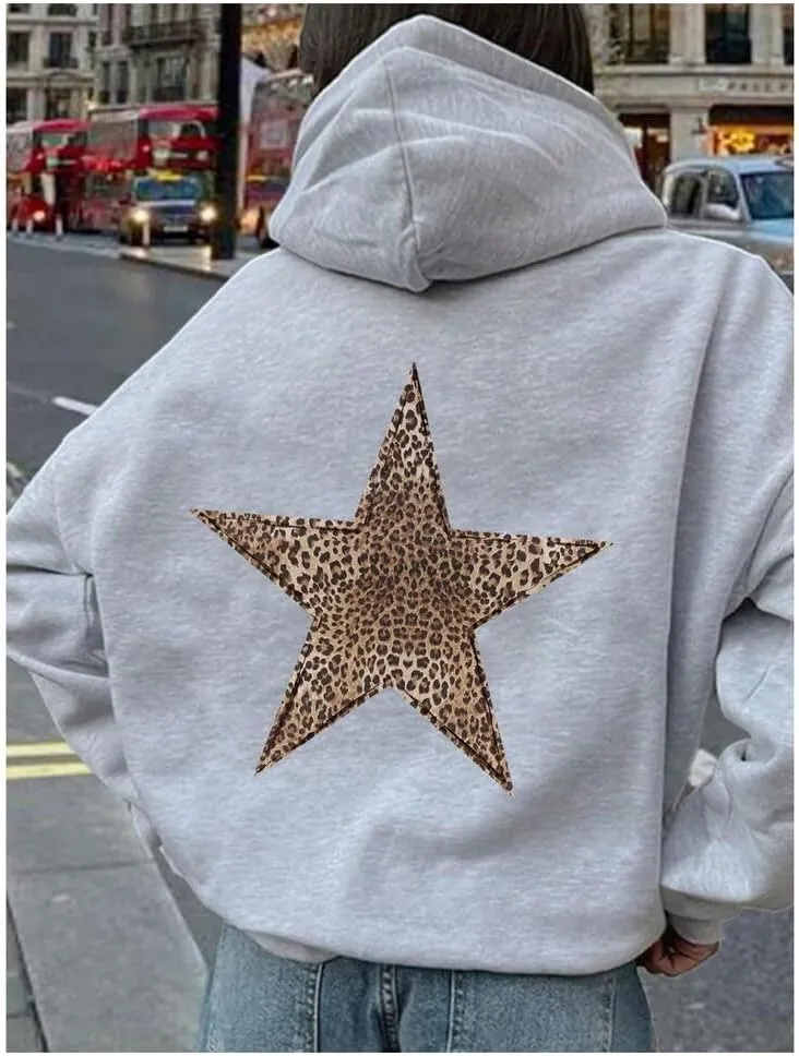 Women's Leopard Star Print Hoodie Sweatshirt Cheetah Leopard Star Hoodie Pullover Tops