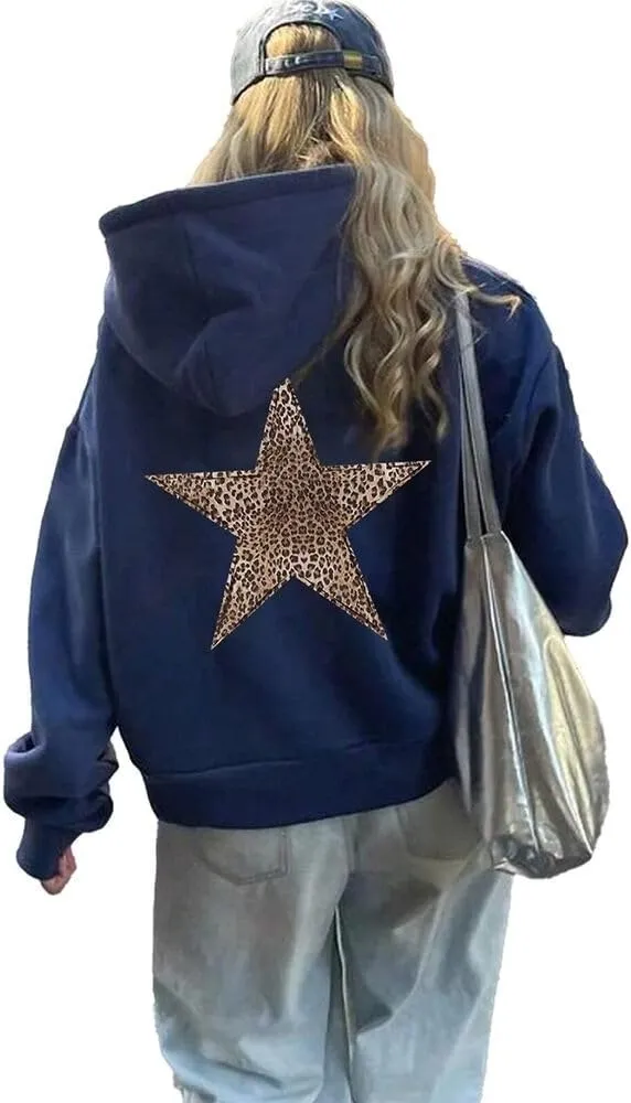 Women's Leopard Star Print Hoodie Sweatshirt Cheetah Leopard Star Hoodie Pullover Tops
