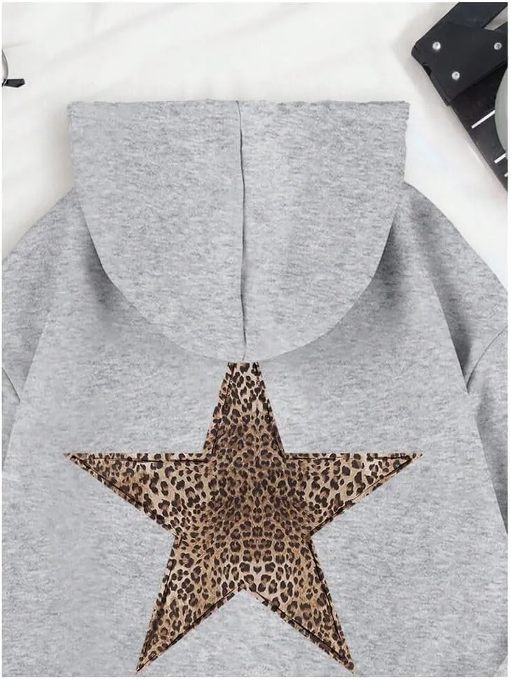 Women's Leopard Star Print Hoodie Sweatshirt Cheetah Leopard Star Hoodie Pullover Tops