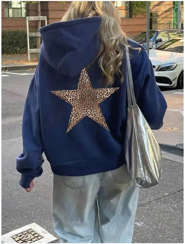Women's Leopard Star Print Hoodie Sweatshirt Cheetah Leopard Star Hoodie Pullover Tops