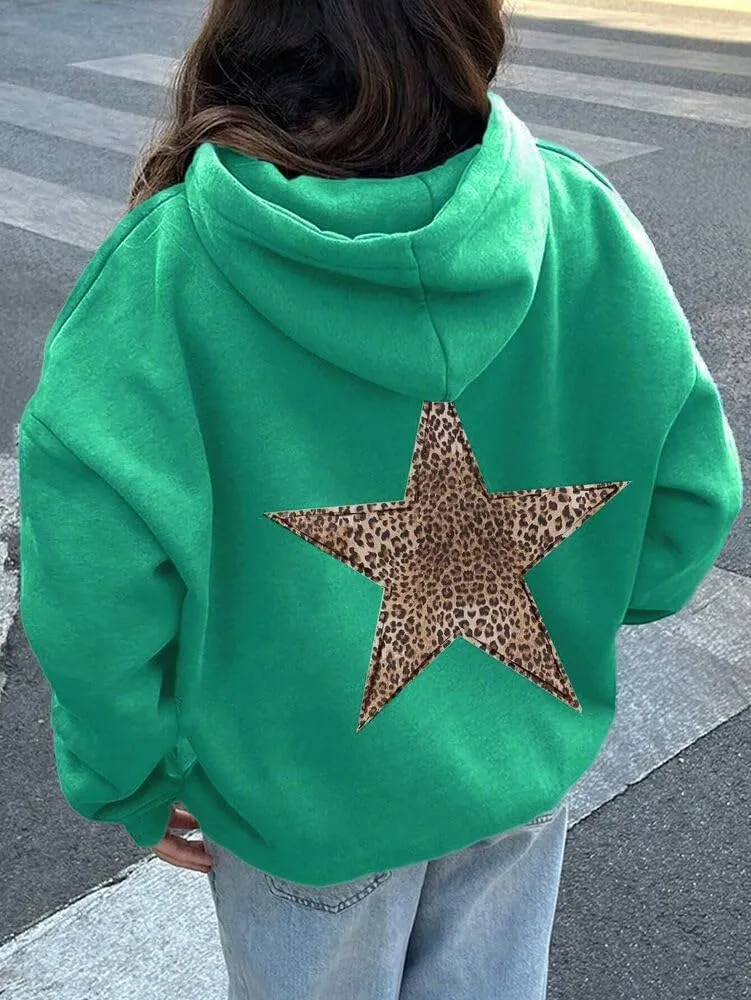 Women's Leopard Star Print Hoodie Sweatshirt Cheetah Leopard Star Hoodie Pullover Tops