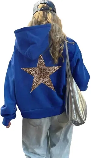 Women's Leopard Star Print Hoodie Sweatshirt Cheetah Leopard Star Hoodie Pullover Tops