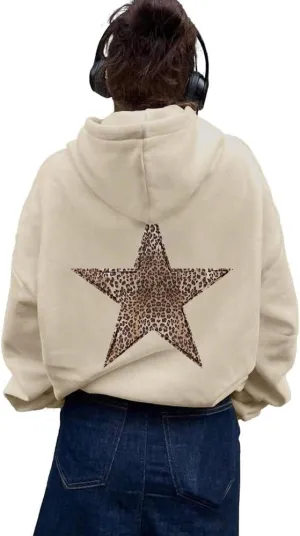 Women's Leopard Star Print Hoodie Sweatshirt Cheetah Leopard Star Hoodie Pullover Tops