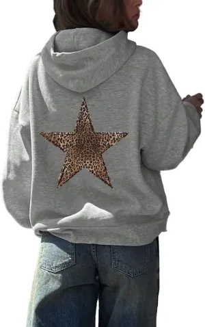 Women's Leopard Star Print Hoodie Sweatshirt Cheetah Leopard Star Hoodie Pullover Tops
