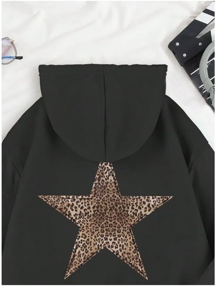 Women's Leopard Star Print Hoodie Sweatshirt Cheetah Leopard Star Hoodie Pullover Tops