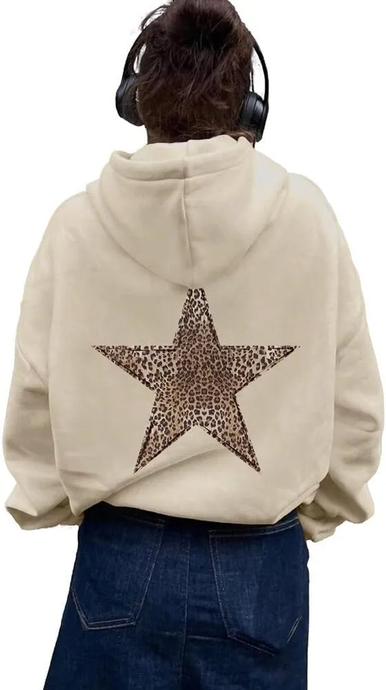 Women's Leopard Star Print Hoodie Sweatshirt Cheetah Leopard Star Hoodie Pullover Tops