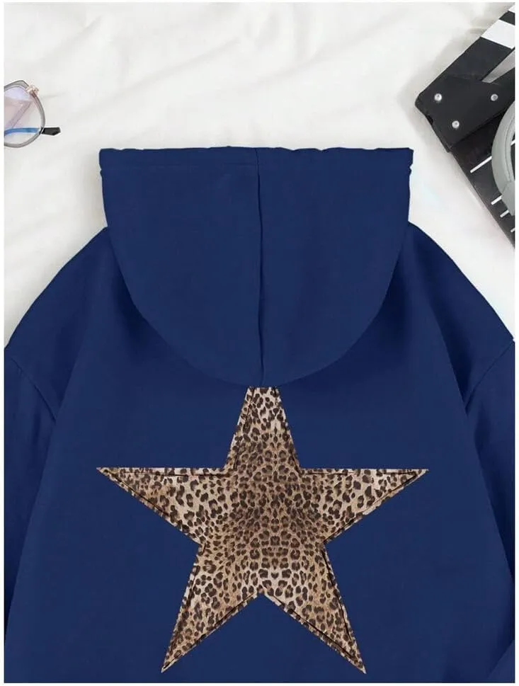 Women's Leopard Star Print Hoodie Sweatshirt Cheetah Leopard Star Hoodie Pullover Tops