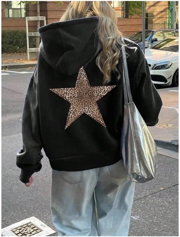 Women's Leopard Star Print Hoodie Sweatshirt Cheetah Leopard Star Hoodie Pullover Tops