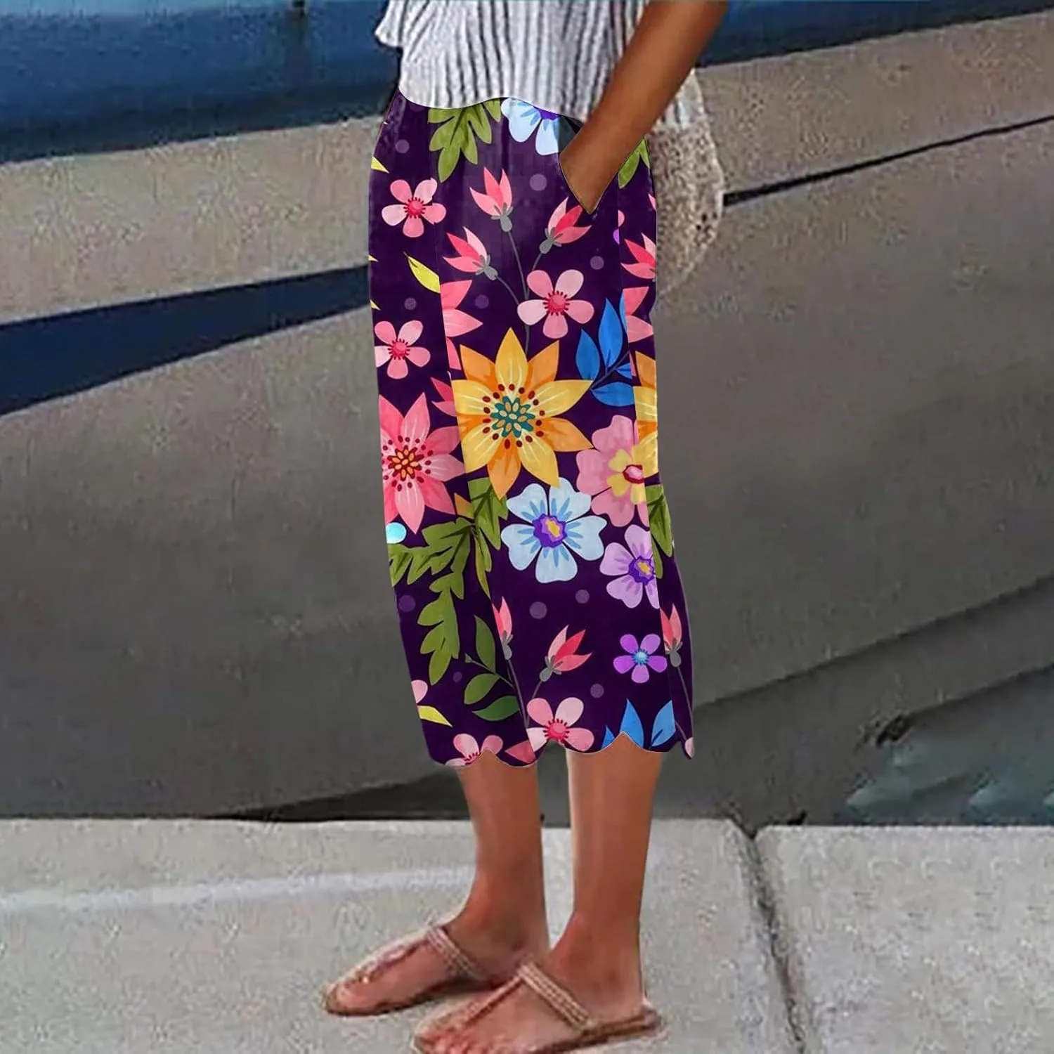 Women's Linen Capri Pants Casual Floral Printed High Waisted Elastic Bottoms Flowy Wide Straight Leg Trousers With Pockets