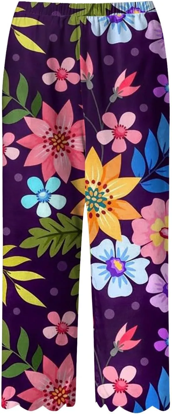 Women's Linen Capri Pants Casual Floral Printed High Waisted Elastic Bottoms Flowy Wide Straight Leg Trousers With Pockets