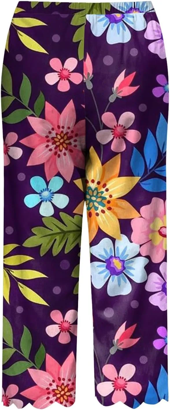 Women's Linen Capri Pants Casual Floral Printed High Waisted Elastic Bottoms Flowy Wide Straight Leg Trousers With Pockets