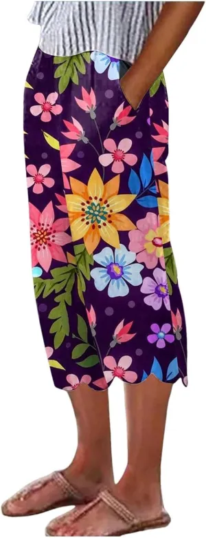 Women's Linen Capri Pants Casual Floral Printed High Waisted Elastic Bottoms Flowy Wide Straight Leg Trousers With Pockets