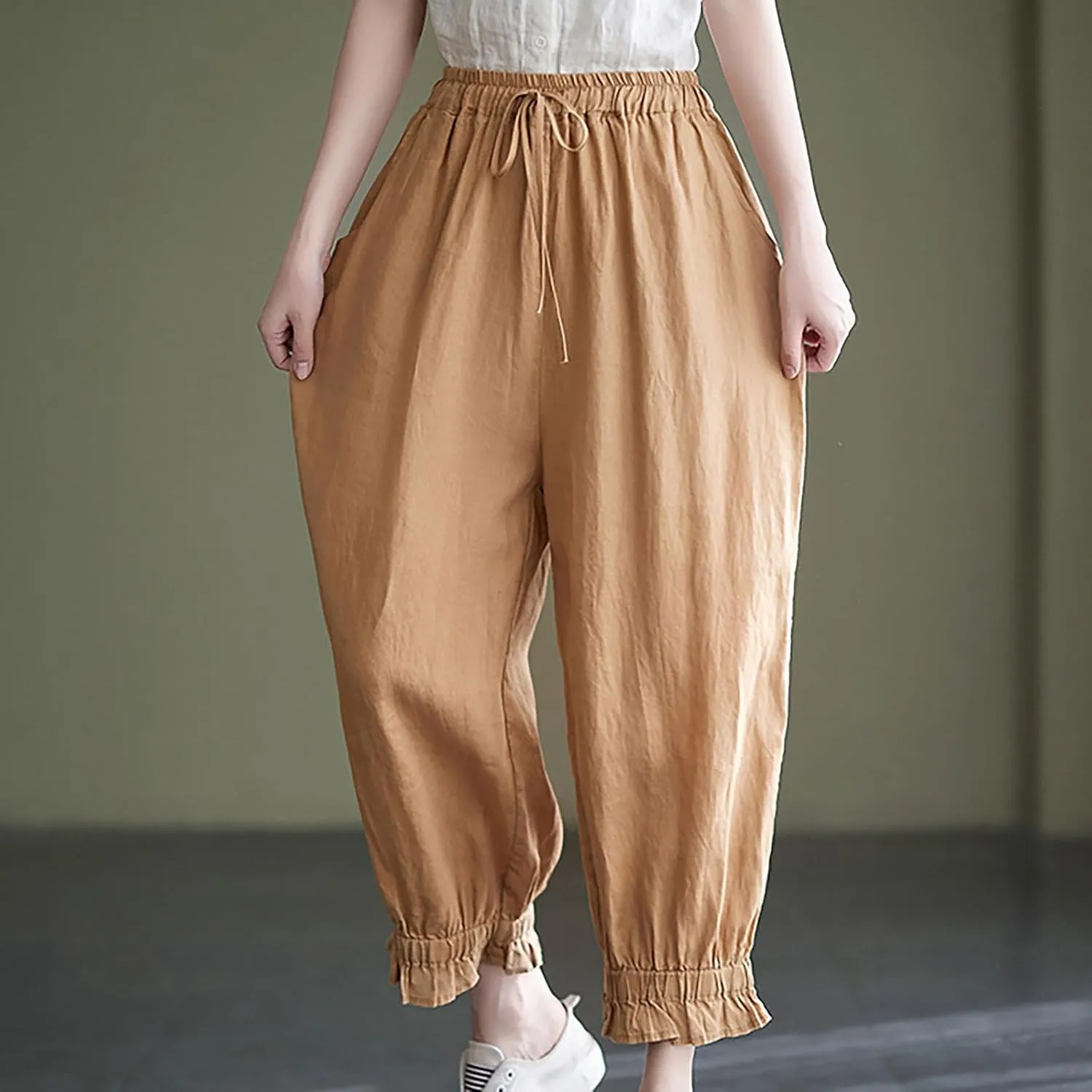 Womens Linen Pants Fashion Casual Solid Color Elastic Loose Pants Straight Wide Leg Trousers with Pocket
