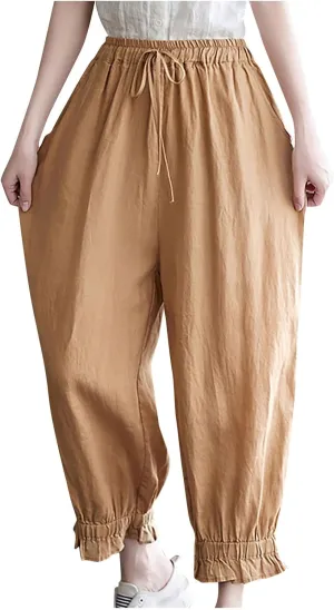 Womens Linen Pants Fashion Casual Solid Color Elastic Loose Pants Straight Wide Leg Trousers with Pocket