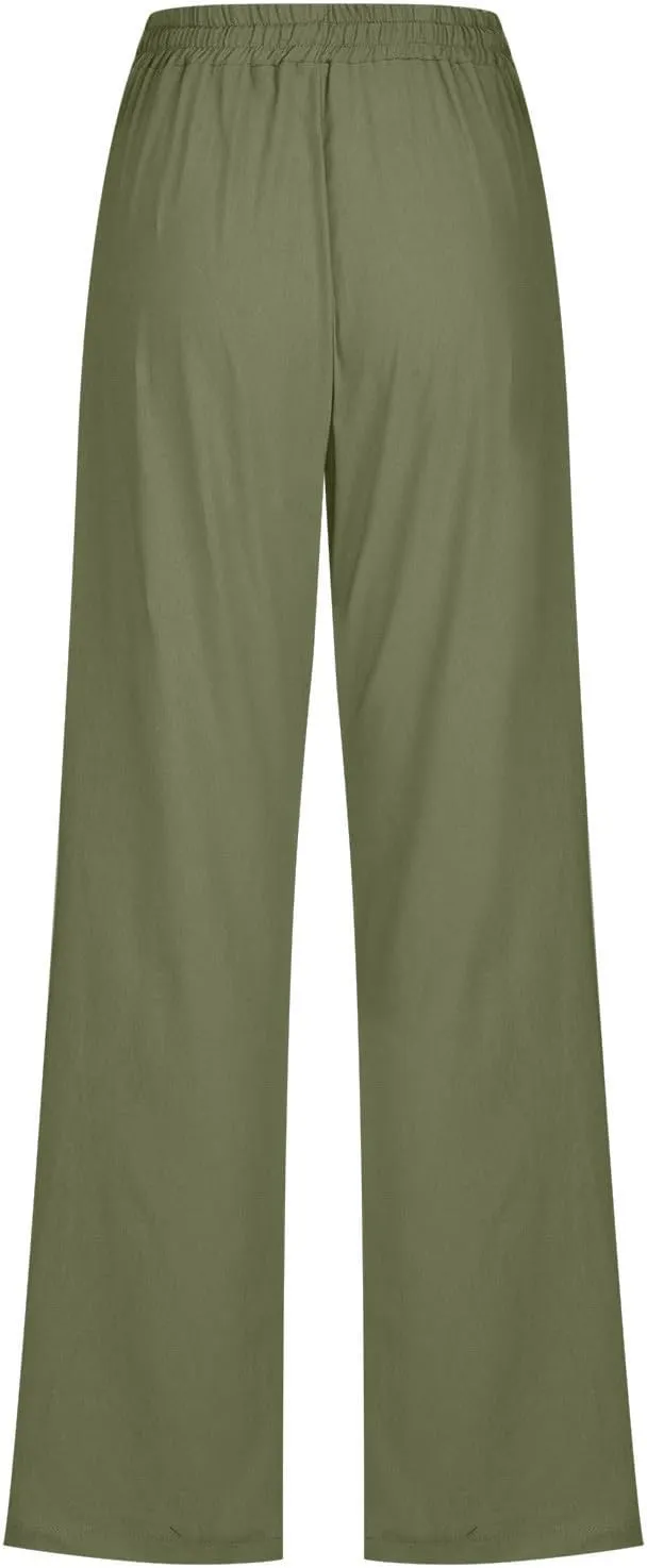 Womens Linen Pants Straight Leg Summer Casual Drawsrting Pants High Waisted Wide Leg Cotton Trousers with Pockets