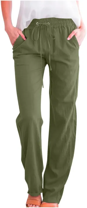 Womens Linen Pants Straight Leg Summer Casual Drawsrting Pants High Waisted Wide Leg Cotton Trousers with Pockets