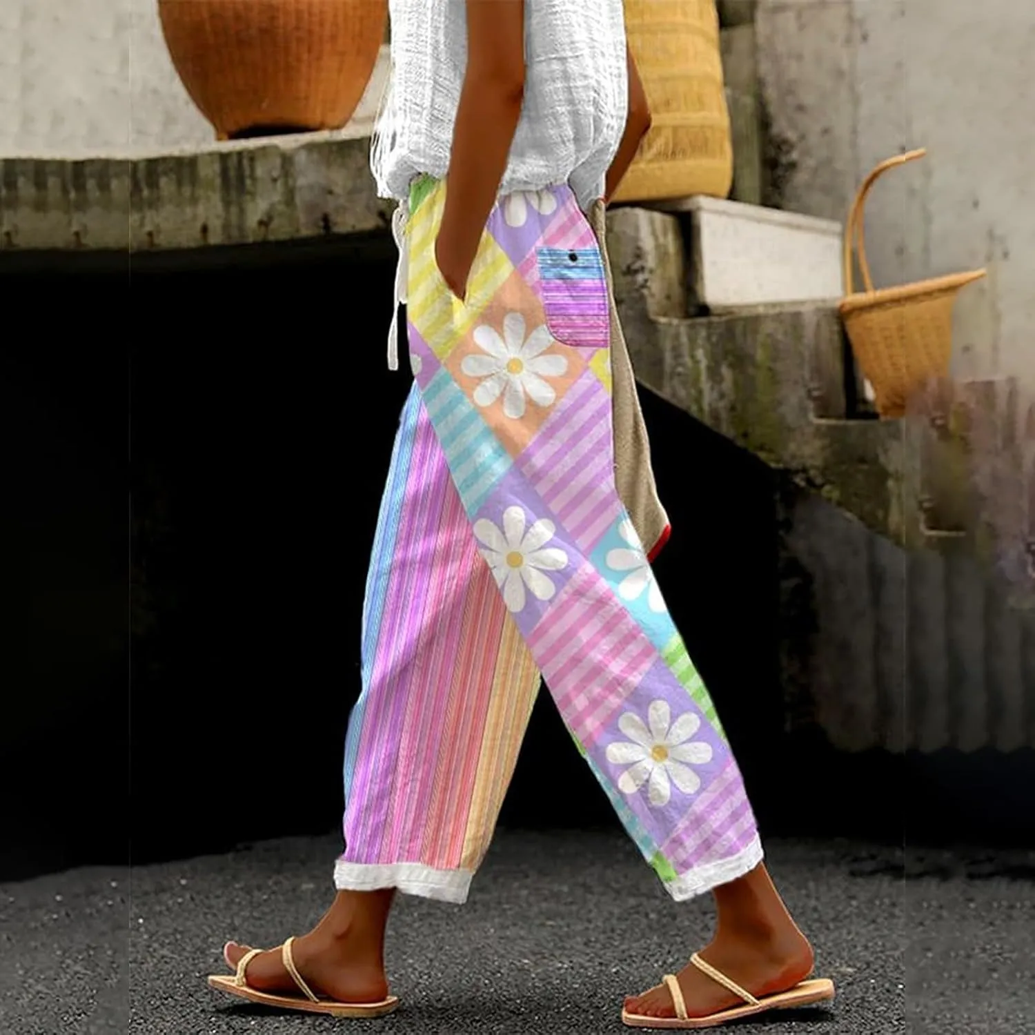 Womens Linen Pants,2025 Summer High Waist Elastic Straight Leg Lounge Pant Casual Loose Lightweight Beach Trousers