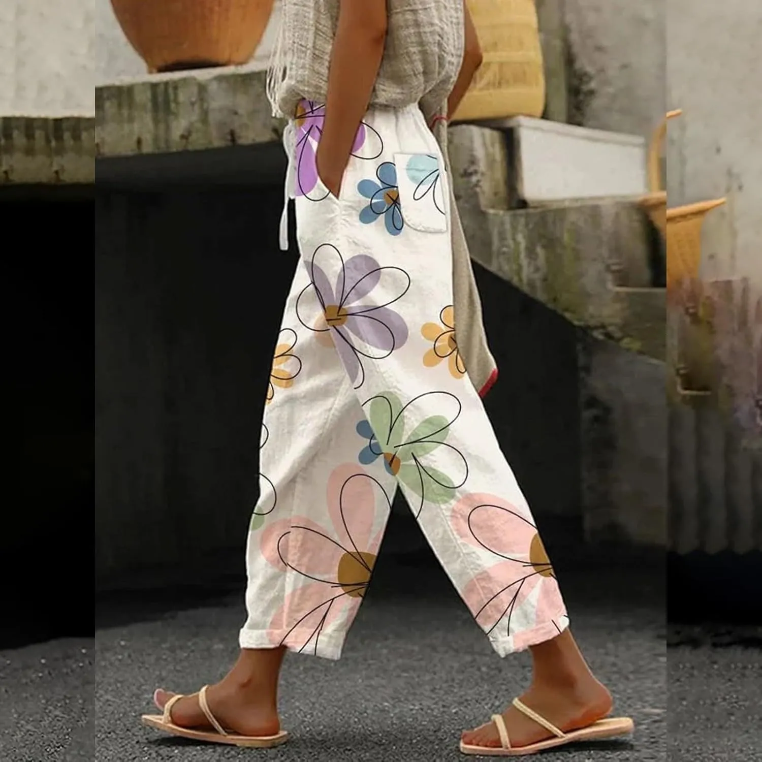Womens Linen Pants,2025 Summer High Waist Elastic Straight Leg Lounge Pant Casual Loose Lightweight Beach Trousers