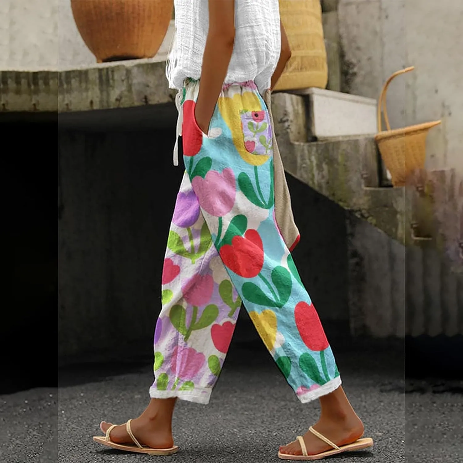 Womens Linen Pants,2025 Summer High Waist Elastic Straight Leg Lounge Pant Casual Loose Lightweight Beach Trousers
