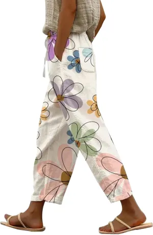 Womens Linen Pants,2025 Summer High Waist Elastic Straight Leg Lounge Pant Casual Loose Lightweight Beach Trousers