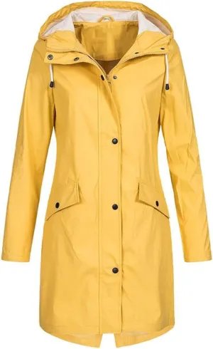 Women's Long Raincoat Plus Size Zip Up Utility Jacket Hoodie Button Down Rain Jacket Waterproof Windproof Outerwear