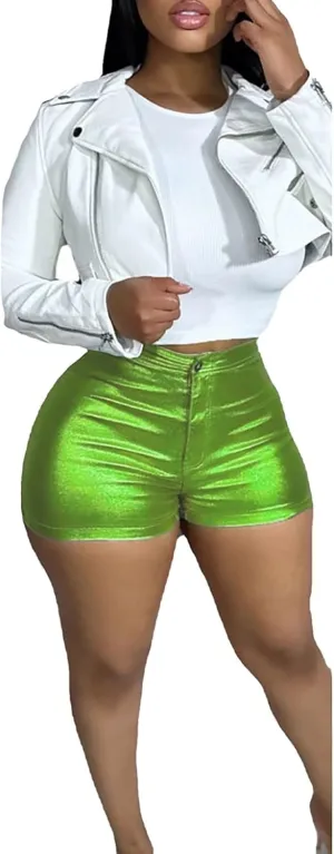 Women's Metallic Rave Shorts Sparkly Shiny Faux Leather Sexy High Waisted Bottoms Dance Concert Sexy Short Hot Pants